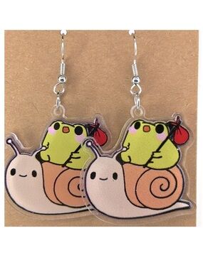 Frog Hitchhiking On A Snails Shell 2D Acrylic Cartoon Earrings